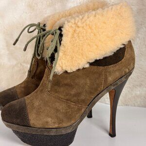 L.A.M.B. Brown Suede Shearling-Lined Platform Ankle Boots Size 7